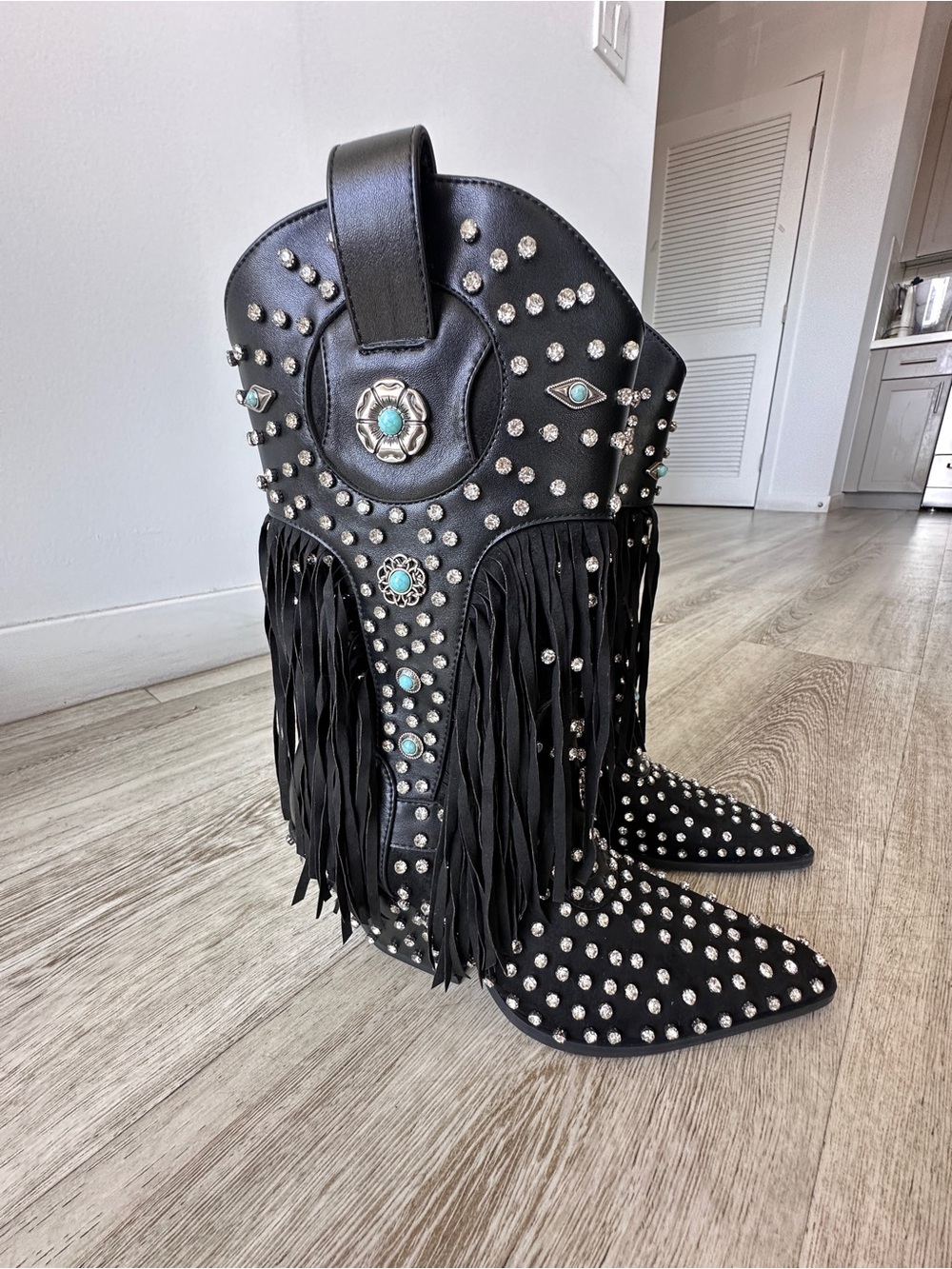 Azalea Wang Greyson Black Rhinestone Fringe Western Boots Size 6
